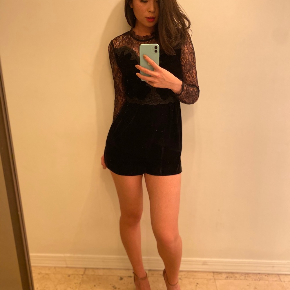 Topshop Lacey Velvet Romper in Black